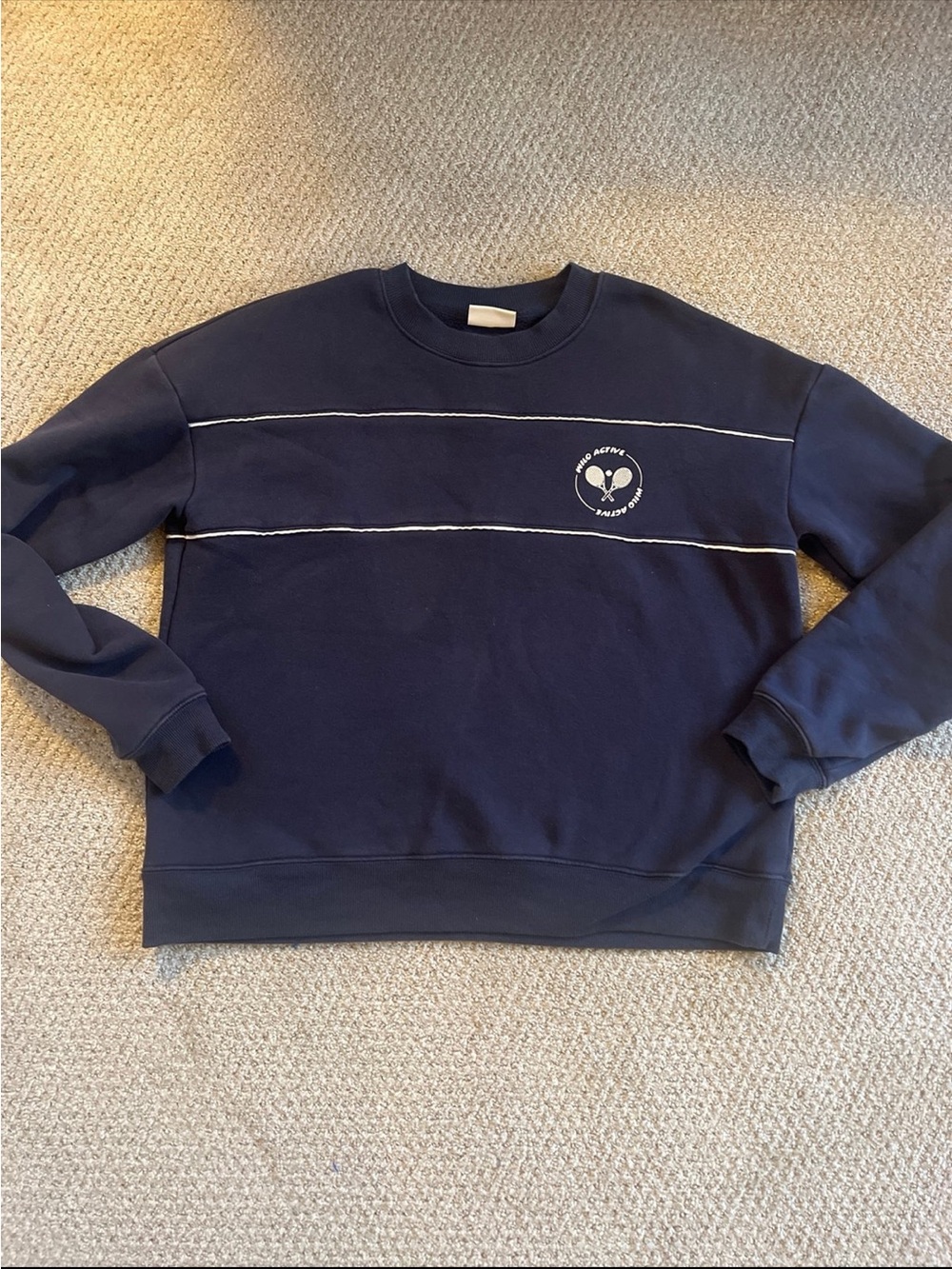 Navy Crewneck Sweatshirt with Thin Contrast Stripe